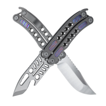 C12-Shark Titanium Balisong | M390 TI Damascus Inlay (includes a blade)